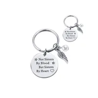 Charms Sister Stainless Steel Keychain Wings Heart Round Shape Pendant Engrave Words Not Sisters By Blood But Key Ring For Drop Deli Dh4Zc