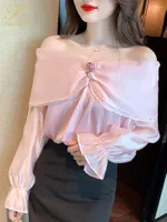 Women's Blouses H Han Queen Autumn Shirts Office Blusas Vintage Slash Neck Design Tops Simple Elegant Flare Sleeve Casual Chiffon Women