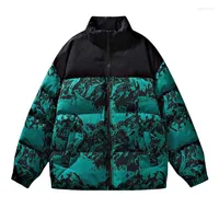 Men's Jackets Men Winter Mountian Pattern Printed Bubble Stand Collar Warm Puffer Coats For Male Loose Fit
