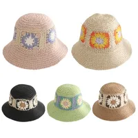 Berets Breathable Sun Flower Boho Fisherman Hat Wide Brim Hand Crochet Knit Bucket Protection For Outdoor ActivitiesBerets