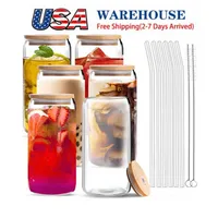 12oz 16 oz USA Warehouse Botellas de agua Diy Sublimación en blanco puede Vuelos con topas de vidrio de cerveza con tapa y paja de bambú para café SS0121