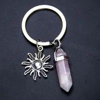 Keychains Retro Natural Quartz Stone Keyring Sun Moon Pendant Keychain Turquoise Metal Handicraft Key Chain Friend Gift Jewelry WholesaleKey
