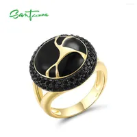 Cluster Rings SANTUZZA Genuine 925 Sterling Silver Oriental Ring For Women Sparkling Black Spinel Antique Look Enamel Fashion Fine Jewelry