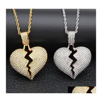 Pendant Necklaces Iced Out Broken Love Heart Mens Bling Crystal Rhinestone Charm Gold Sier Twisted Chain For Women Hip Hop Drop Deli Oti37