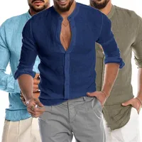 Camisas casuais masculinas linho de fitness de cor sólida fit slim stand stand stand colar cardigan lose mass de praia