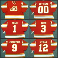 1 Jim Craig 12 Tom Lysiak 9 Jean Pronovost 3 Pat Quinn Atlanta Flames 1980 Vintage Away Hockey Jersey S-3XL gestikt