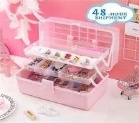 W G Pink Transparent Plastic Multilayer Children Hair Accessories Box Desktop Cosmetics Jewelry Manicure Three layer Storage Box 27412639