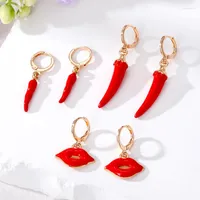 Boucles d'oreilles cerceaux 3pair Sexy Red Lips Pepper Set pour femmes en métal émail branché de la gilie créative mini cercle de boucles d'oreille