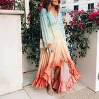 Casual Dresses Women's Summer Bohemian Dress Sexy Deep V-Neck Long Sleeve Gradient Patchwork Rainbow Color Party Skirt 2023