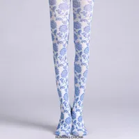 Women Socks Porcelain Printed Pantyhose Stockings Chinese Style Blue And White Tight Cotton Blends Floral Running Chick Cn(origin)