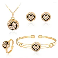 Necklace Earrings Set 4pcs set Gold Color Round Pendant Carved Heart Charm Ring Bracelet&Bangle Fashion Crystal Jewelry