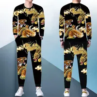 Men's Tracksuits Spring And Autumn Long Sleeve T-shirt Pants 2 Piece Set Chinese Wind Dragon Clothes Casual Sports 3D Printing Suit Black