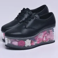 Chaussures habillées plate-forme féminine transparente lacet up cale haut pvc talon muffin fleurs de semelle épaisse diy cuir noir blanc 2023