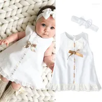 Girl Dresses 2023 Baby Summer Clothing 0-24M Infant Born Lace Dress Sleeveless Bowknot Rib Solid White Headband