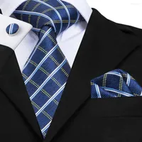 Bow Ties SN-1673 Hi-Tie Designer Classic Blue Plaid For Men High Quality Silk Necktie Handkerchief Cufflinks 8.5cm Business Suit Tie