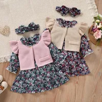 Clothing Sets 0-3Years Toddler Baby Girl Dress Flower Print Long Sleeve Design Knitted Flying Vest Bowknot Hairband Skirt