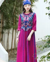 Casual Dresses Summer Yunnan Ethnic Style Cotton Heavy Industry Embroidery Round Collar With Button And Patched Fabric