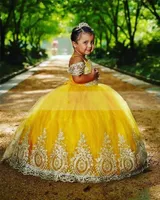 Yellow Girls Pageant Dresses Princess Tulle Lace Appliques Beads Kids Flower Girl Dress Ball Gown Birthday Gowns Floor Length Off Shoulder Spaghetti Straps