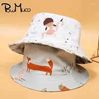 Berets Powmuco Two-sided Printed Bucket Hats Fashion Cartoon Animal Pattern Baby Girls Fisherman Caps Kids Sunscreen Headwear