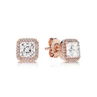 Rose gold plated CZ Diamond EARRING for Pandora Clear Square Sparkle Halo Stud Earrings 925 Sterling Silver earrings sets with Ori262i