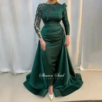 Party Dresses Elegant Emerald Green Long Sleeve Arabic Evening Dress Overskirt Muslim Formal Prom For Women Wedding Guest GownsParty
