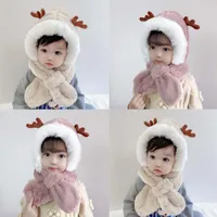 Berets Cute Elk Antlers Baby Hat Scarf One-piece Winter Warm Soft Plush Protect Neck Ear Hats For Boys Girls Kids Windproof Cap Beanies
