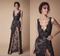 Black Lace Beaded Split Prom Pageant Dresses Modest Fashion V-neck Sexy Full length Berta Evening Occasion Dress