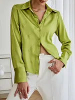 Women's Blouses BerryGo 2023 Autumn Winter Satin Shirt Women Elegant Long Sleeve Green Embossing Button Up Luxury Blouse Office Lady Work