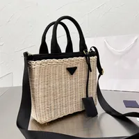 Designer Women Handbags Functional Basket Triangular Leather Lettering Tag Wicker Woven Tote Bag Double Handle Cotton Canvas Linin281J