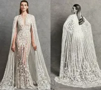 Zuhair Murad Illusion Sexy Evening Dresses With Shawl Applique Beads Sheer Jewel Neck Bohemian Party Dress Elegant Country Prom Gowns