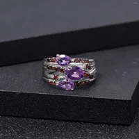 Cluster Rings GEM'S BALLET 925 Sterling Silver Fancy Classic Wedding Band Ring For Women 1.54Ct Natural Amethyst Birthstone Jewelry