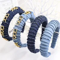 Fashion Solid Blue Denim Padded Headband for Women New Style Metal Chain Hairbands Girls Wide Hair Hoop Hair Accessories Statement240Y