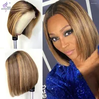 Modern Show Peruvian 13x4 Lace Front Straight Short Bob Wig #4 27 Highlight Omber Colored Wigs Remy Pre Plucked 150% Density