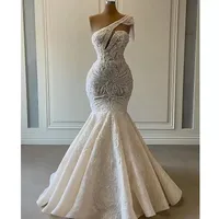 Lace Beaded Bridal Gowns One Shoulder Mermaid Wedding Dresses Crystal Beads Sequin Sweep Train Real Picture Robe De Mariee