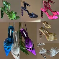 2023 designer womens luxury Rhinestone sheer heeled sandals Satin One strap sexy peep-toe skinny heel shoes Spring summer lady Gemstone decoration high heels sandal