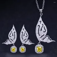 Necklace Earrings Set Butterfly Pendant Stud Jewelry For Women Full Micro Zircon Fashion Shiny Gift Silver Color Plated