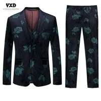 Men's Suits & Blazers Three-piece Suit For Men Fashion Vintage Evening Dress Male Formal Business Wedding Rose Floral Velvet Blazer