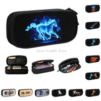 Cosmetic Bags Kawaii Blue Fire Horse Pencil Cases For Girls Boys Custom Abstract Animal Art Large Storage Pen Bag Box School Supplies
