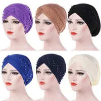 Ethnic Clothing 6 Pieces Women Turban Beads Chemo Cap Muslim Hijab Vintage Beanie Headscarf Elastic Headwrap Scarf Hat Bonnet Hair Loss