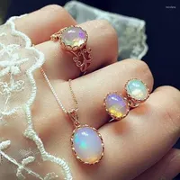 Necklace Earrings Set Vintage For Women Pendant Necklaces Choker Water & Ring Gold Color Opal Bohemia Wedding Jewelry Gifts