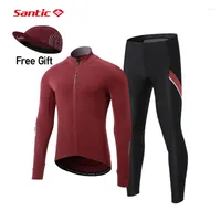 Racing Sets Santic Men Cycling Jersey Suit Long Sleeve Thermal MTB Road Bike Sportswear Shirts Winter Bicycle Pants Asian Size Cap Gift