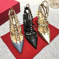 Summer Rivets Sandals Brand High Heel Red Wedding Shoes Nude Black Patent Leather 6cm 8cm 10cm Thin Heels Pointed Two Belts Women Pumps with Box and Dust Bag 34-44