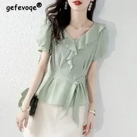Women's Blouses Ruffles V Neck Slim Lace Up Chic Elegant Chiffon Blouse Women Summer Korean Fashion Casual Green Short Sleeve Shirts Top