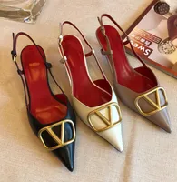 Sandalias de diseñador Zapatos de tacón alto con hojas de metal V-Buckle 4 cm 6cm 8cm 10 cm de cuero genuino Nude negro mate rojo con caja y bolsa de polvo 34-44