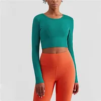 Active Shirts Solid Color Fitness Women Long Sleeve Yoga Shirt Sport Crop Top Gym Short Blouse Neckline Embossed Stripe Comprehensive