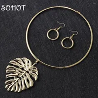 Necklace Earrings Set SO 2023 Tide Women Wedding Boho Style Gold Metal Monstera Leaf Pendant For Bridal Bijoux