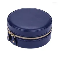 Jewelry Pouches Round Portable Box PU Leather Sweet Small Fresh Zipper Earrings Necklace Ring Storage