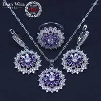 Necklace Earrings Set 8 Colors 925 Sterling Silver Women Wedding Beautiful Pendant Rings Clearly Flower Crystal