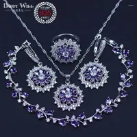 Necklace Earrings Set 925 Sterling Silver Women Wedding Beautiful Pendant Rings Bracelets Clearly Flower Crystal