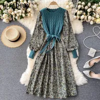 Casual Dresses HI-FASHION Corduroy Floral Women Long Vintage Knitted Patchwork Vestidos De Mujer Sweet Country Korean A-line Dress